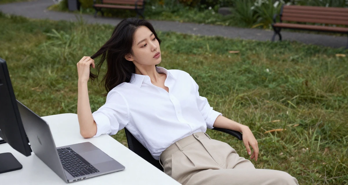 A thoughtful Female From South Korea, based in Jeju, graduated from a fashion school majoring in body language aesthetics in their 22, adjusting workflow to avoid late-night editing sessions, wearing a crisp white shirt and chinos, twirling a lock of hair in a grassy field.