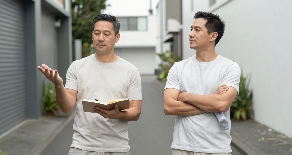 A tranquil male From Auckland New Zealand, explored intimate photography as personal therapy in their 35, juggling co-parenting and a dating life, wearing a clean, neutral-toned casual outfit, pulling up a sock in a quiet alleyway.