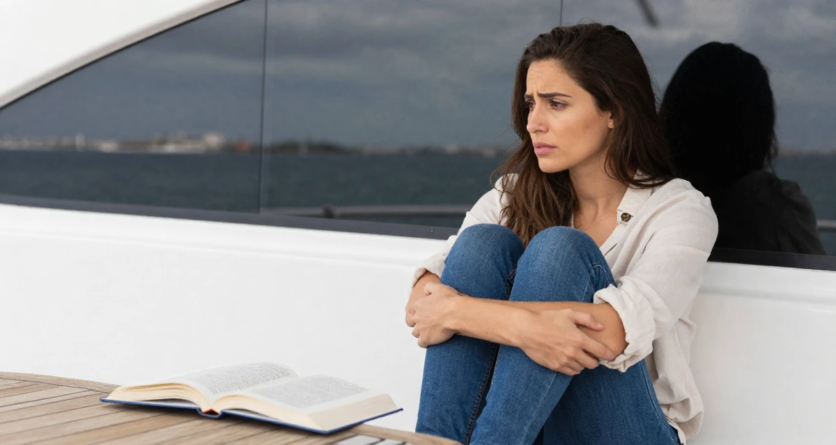 A magnetic Female From Guatemala, studied computer networks in their 22, worrying about real-life friends discovering the account, wearing a loose fitting blouse tucked into tight jeans, looking at a reflection in a window in a yacht deck.