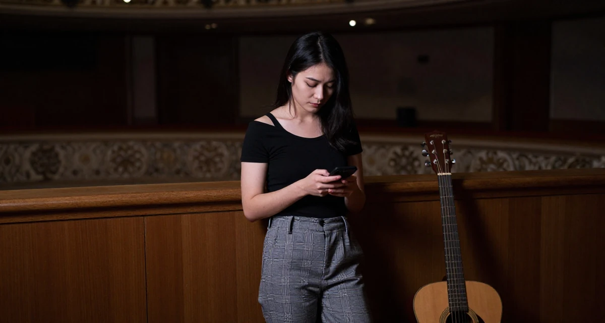 A tranquil Female From Nanjing China, graduated with a finance major in their 23, gaining confidence through playful outfit themes, wearing a grey plaid trousers and a fitted black tee, typing a message in a opera house balcony.