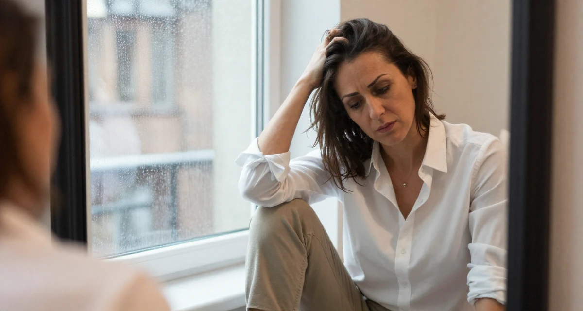 A bored Female From Istanbul Türkiye, learned belly dance and expressive movement in their 40, facing mid-career uncertainty, wearing a crisp white shirt and chinos, looking down at the ground shyly in a vanity mirror.