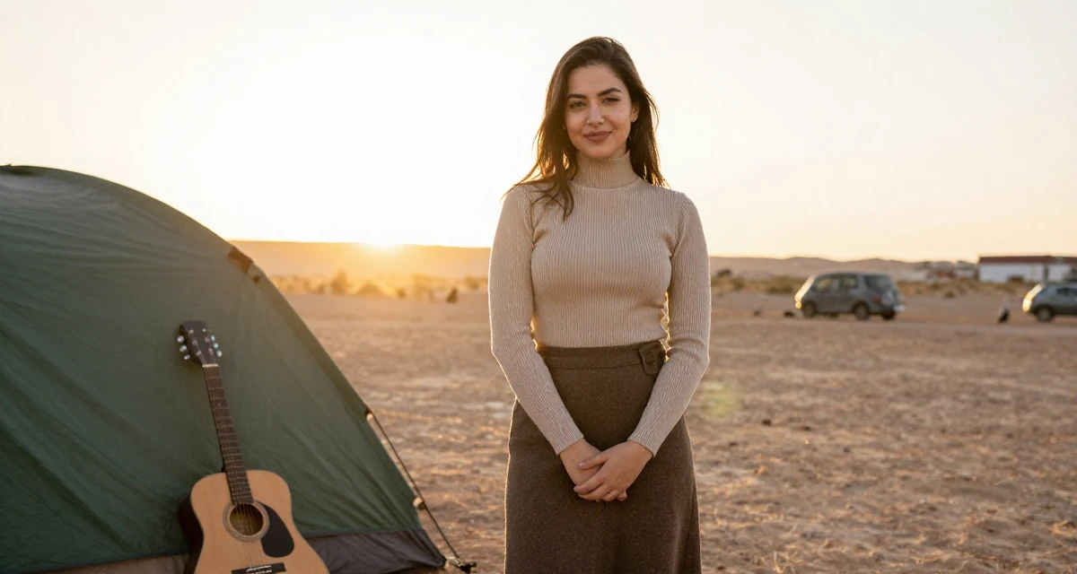 A composed Female From Morocco, majored in web development in their 24, handling the transition from student to adult identity, wearing a ribbed mock neck top and a long wool skirt, winking playfully in a camping site.