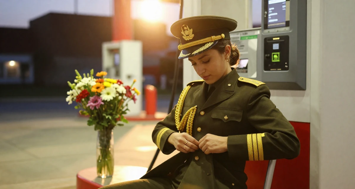 A quietly confident Female From Cyprus, based in Limassol, graduated from a communication school majoring in alluring content design in their 22, learning to advocate for personal boundaries, wearing a military general uniform with gold braiding and a hat, buttoning up a jacket in a gas station at night.