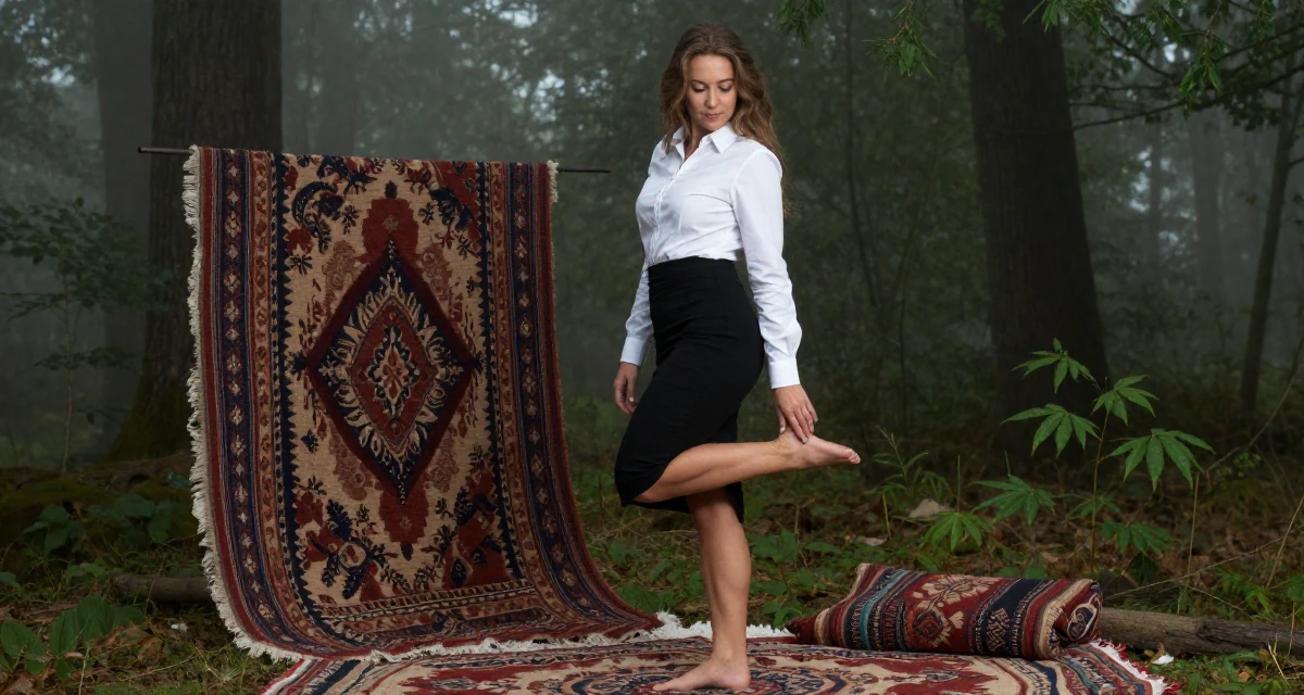 A gentle Female From the Netherlands, based in Rotterdam, graduated from a media academy majoring in contemporary sensual design in their 24, balancing sensuality with authenticity, wearing a fitted white button-down shirt and a black pencil skirt, tapping a foot in a dense misty forest.