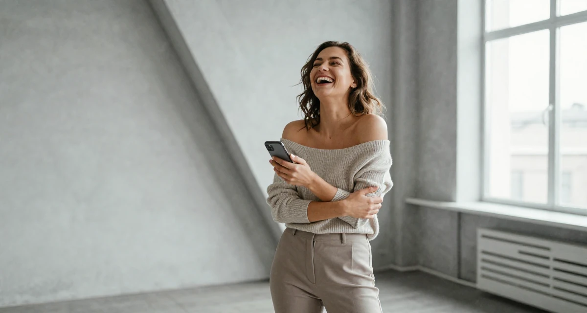 A quietly happy Female From Helsinki Finland, studied visual communication in their 21, laughing openly with head thrown back, wearing a off-the-shoulder knit top and fitted trousers, snapping a photo with a phone in a industrial loft.