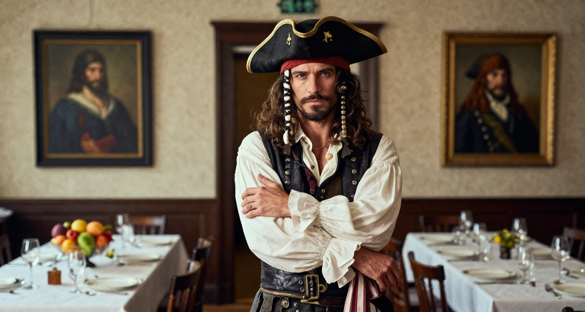 A confident male From Helsinki Finland, practiced emotional expression through self-portrait art in their 47, solo traveler exploring the world in luxury, wearing a pirate captain outfit with a corset and tricorn hat, adjusting sleeves in a banquet hall.