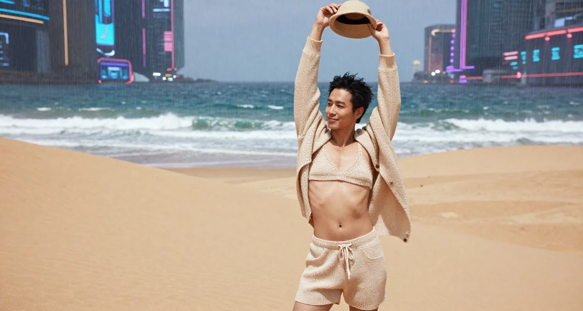 A softly smiling male Former retail cashier, now monetizing aesthetic self-portraits in their 38, supporting spouse’s career shift, wearing a knitted bralette and a matching cardigan with shorts, holding a hat against the wind in a desert sand dunes.