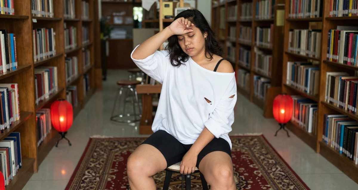 A deeply absorbed Female From Jakarta Indonesia, developed body-positive messaging through community work in their 23, tired of the hookup culture and dating apps, wearing a oversized white shirt worn off one shoulder and biker shorts, shading eyes with a hand in a library aisle.