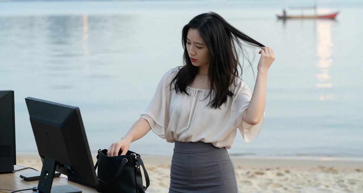 A expectant Female From Shenzhen China, graduated in computer science in their 25, experimenting with niche themes to stand out, wearing a tight pencil skirt and a loose chiffon top, reaching into a bag in a beach bar.