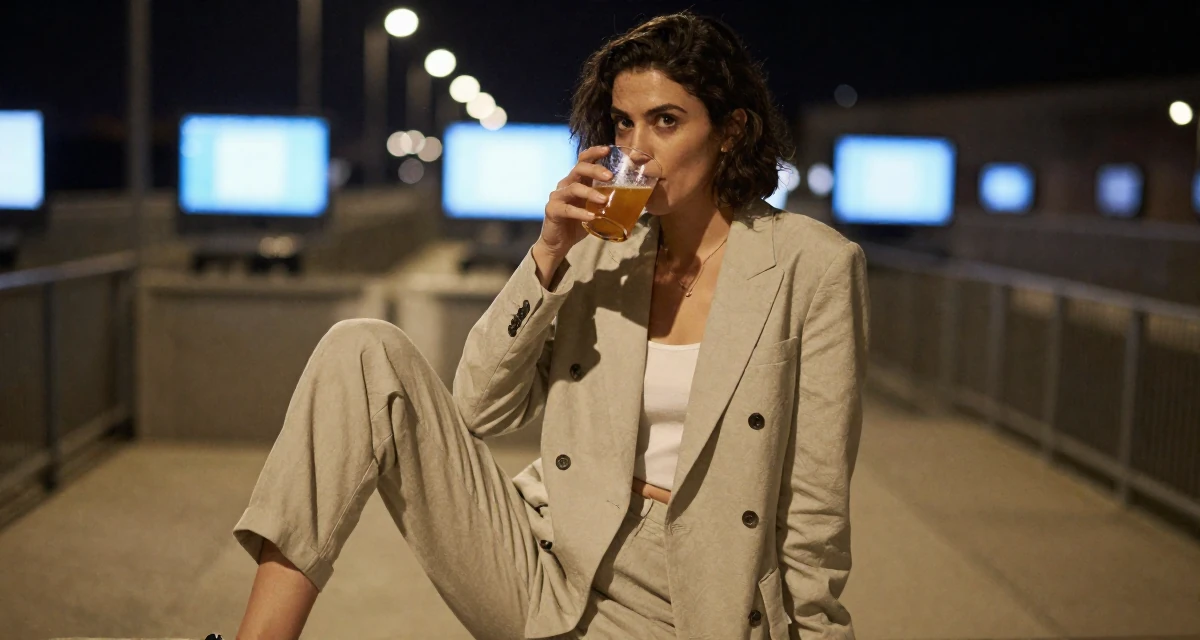 A intense and captivating Female From Spain, studied audiovisual communication in their 30, exploring minimalism and intentional living, wearing a relaxed fit suit separate, sipping a warm drink in a bridge walkway.