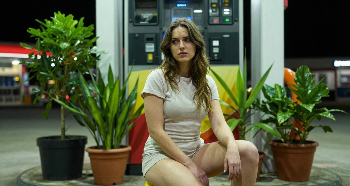 A melancholic Female From Ireland, studied creative writing in their 22, embracing a “soft seductress” vibe in shoots, wearing a cotton jersey romper that fits tightly, rolling up sleeves in a gas station at night.