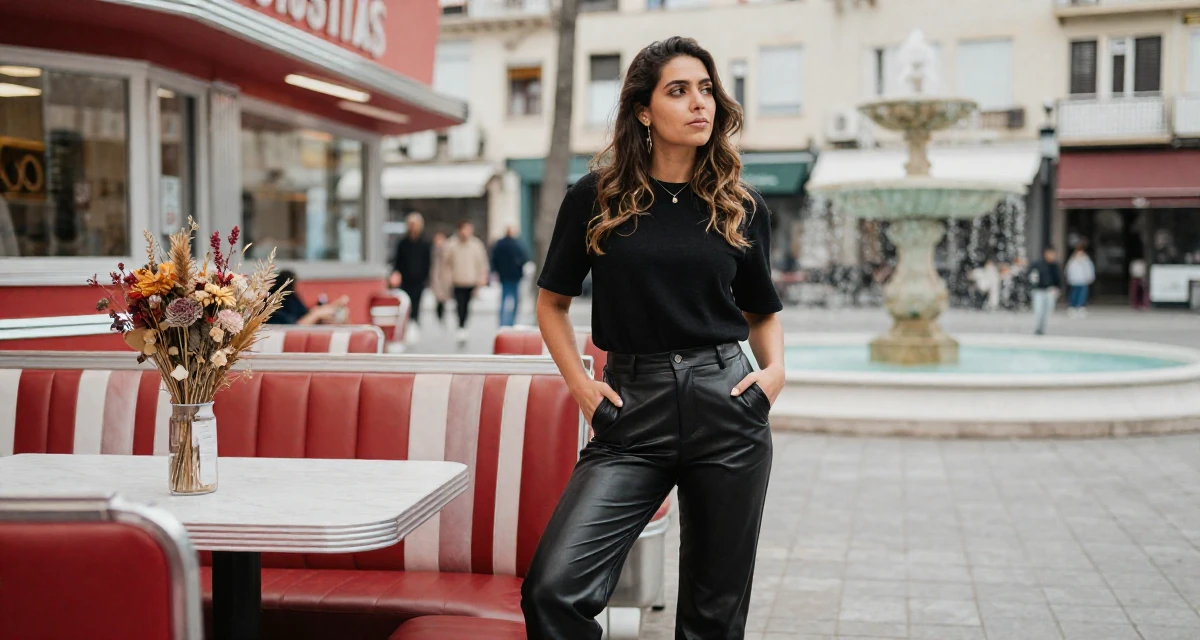 A wistful Female From Israel, studied behavioral economics in their 25, becoming more intentional with time and focus, wearing a sleek leather pants styling, putting hands in pockets in a retro 50s diner.