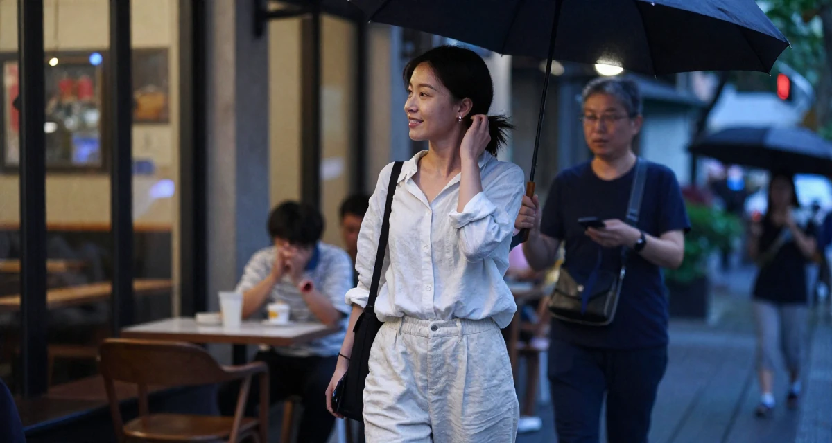 A friendly Female From Shanghai China, majored in journalism in their 25, adjusting expectations for adult life, wearing a loose-fitting linen trousers, holding an umbrella in a cozy café.