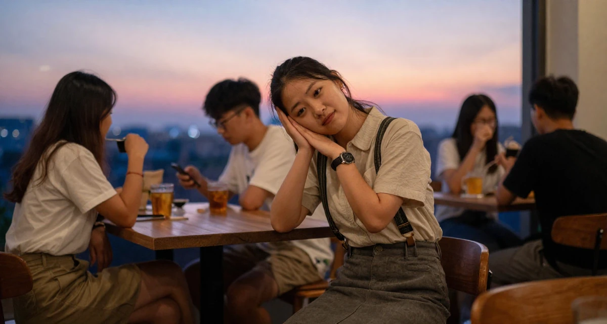 A empowered Female From Chinese-speaking regions, majored in human resource development in their 28, leading a small team for the first time, wearing a high-waisted skirt with suspenders and a shirt, leaning head on a hand in a cozy café.