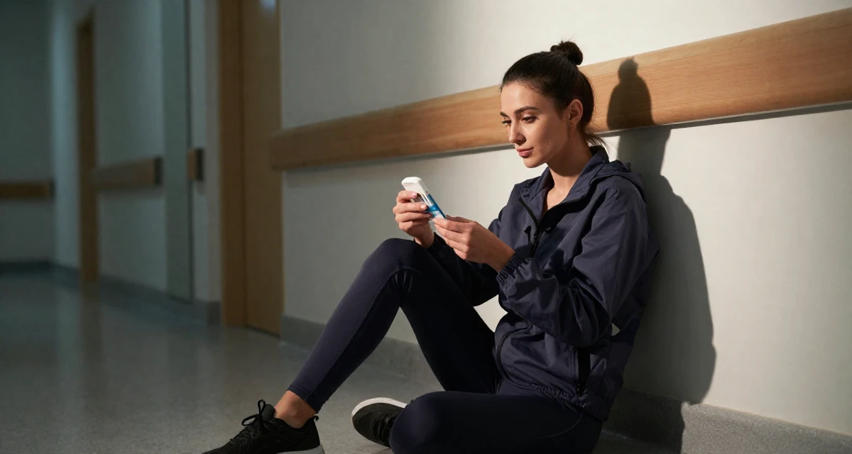 A captivating Female From Tajikistan, studied civil engineering in their 24, experimenting with sultry characters and light roleplay vibes, wearing a sporty windbreaker and leggings, examining a product in a hospital corridor.