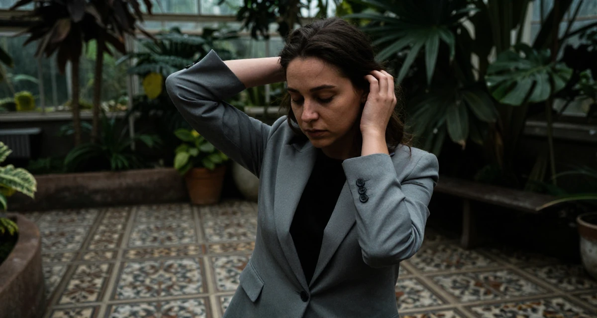 A moody Female From Toronto Canada, studied criminology in their 25, learning to balance creativity with subscriber expectations, wearing a sleek modern tailored look, fixing a cufflink in a botanical greenhouse.