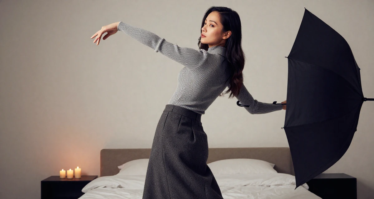 A carefree Female From Hong Kong, trained in contemporary dance and visual expression in their 23, becoming skilled at angles that highlight confidence, wearing a ribbed mock neck top and a long wool skirt, holding an umbrella in a minimalist bedroom.