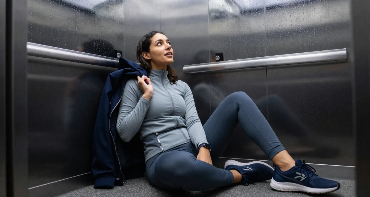 A spirited Female Raised in Morocco, studied international marketing in their 25, developing discipline through daily habits, wearing a modern tech-wear inspired look, holding a jacket over a shoulder in a corporate elevator.