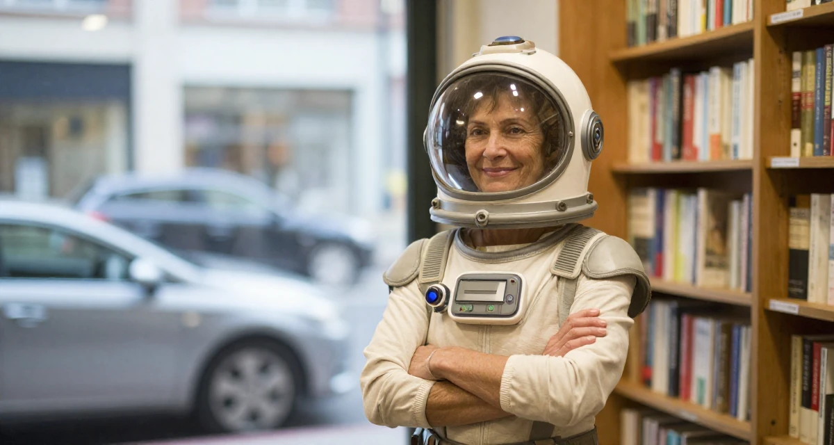 A softly smiling Female Previously a travel-blog student, now turning trips into premium creator content in their 48, grandmother sharing joy and family recipes, wearing a retro sci-fi space girl outfit with a bubble helmet, stretching arms after waking in a bookstore aisle.