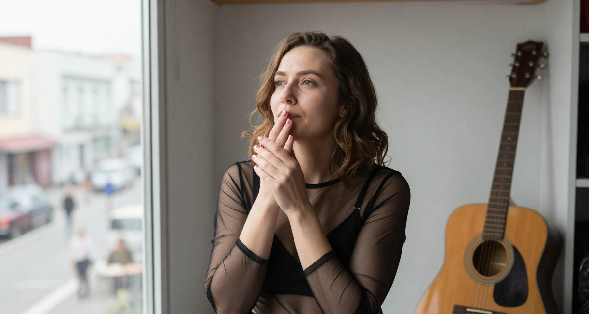 A yearning Female From Russia, holds a degree in graphic design in their 30, recovering workaholic learning to relax, wearing a sheer mesh top layered over a black bralette, rubbing hands together for warmth in a walk-in wardrobe.