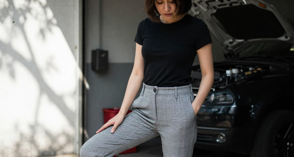 A moody Female From Hong Kong, studied digital media arts in their 49, creating content about cultural heritage, wearing a grey plaid trousers and a fitted black tee, tapping a foot in a mechanic garage.