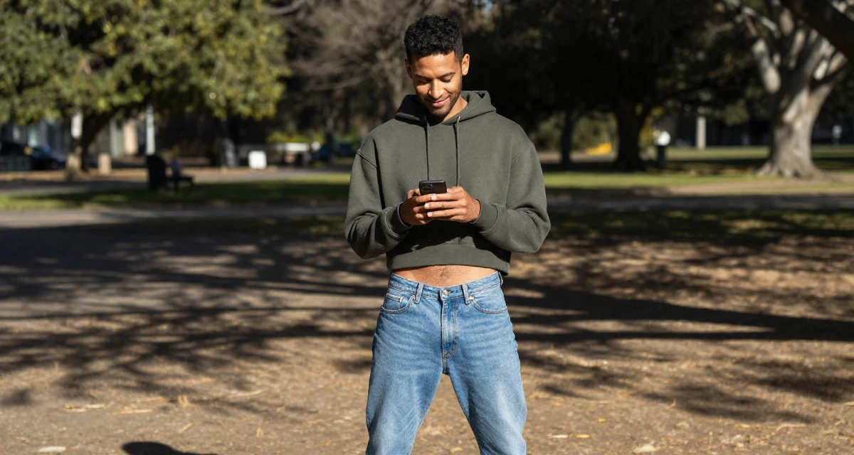 A softly smiling male From Australia, majored in finance at a private university in their 50, feeling more vibrant and energetic than ever, wearing a cropped hoodie showing midriff and low-rise jeans, checking a phone in a quiet park.