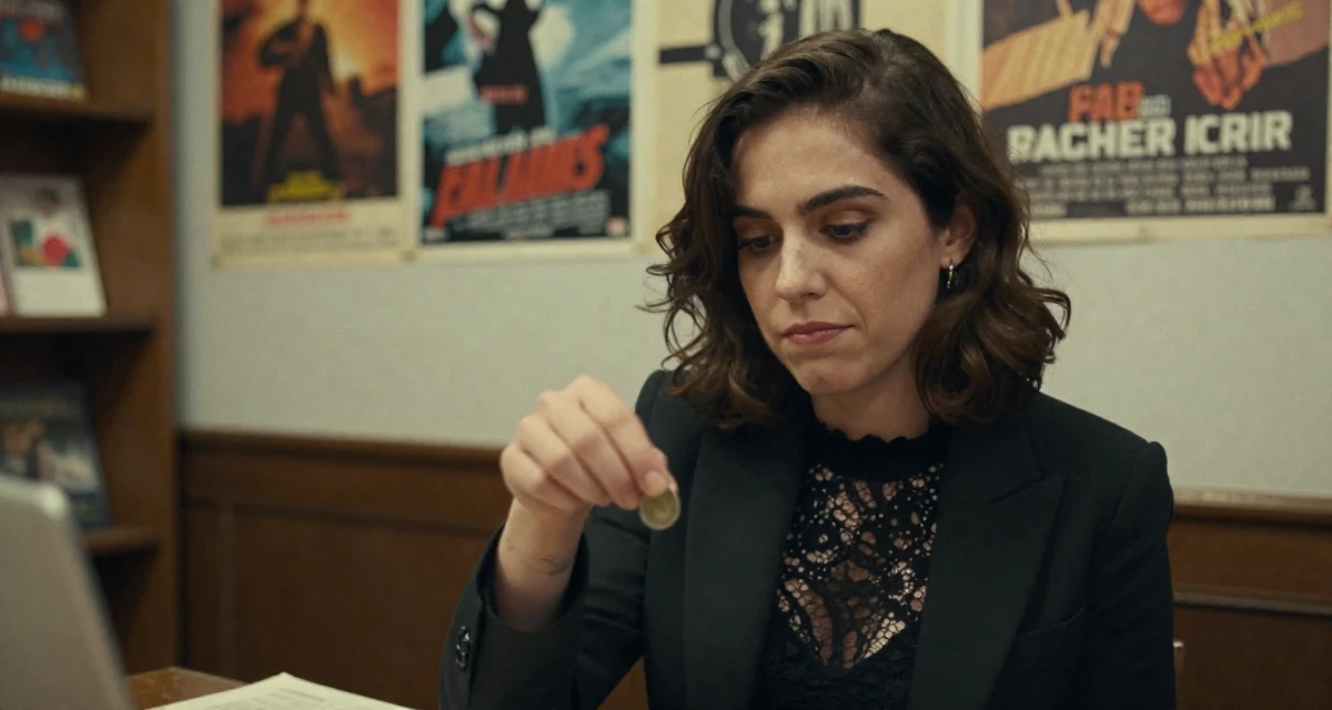 A witty Female From United States, studied civil service management in their 22, dealing with inconsistent motivation, wearing a black lace top under a business suit, flipping a coin in a vintage bookstore.