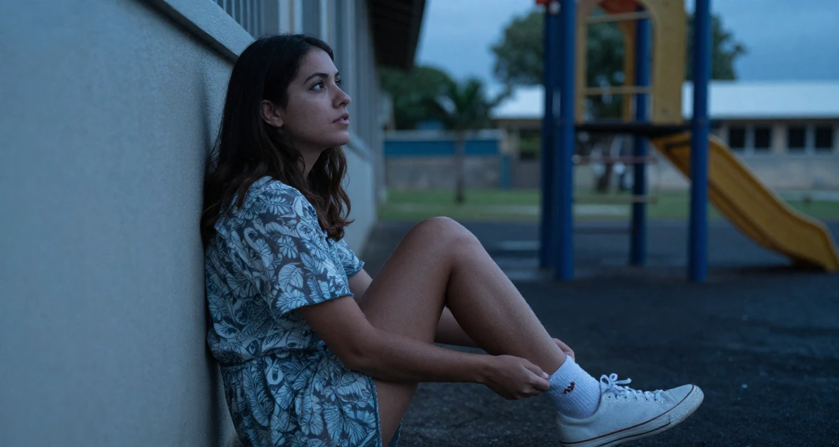 A expectant Female From Mauritius, studied digital marketing in their 22, becoming more aware of personal boundaries with fans, wearing a breezy summer vacation outfit, pulling up a sock in a school playground.