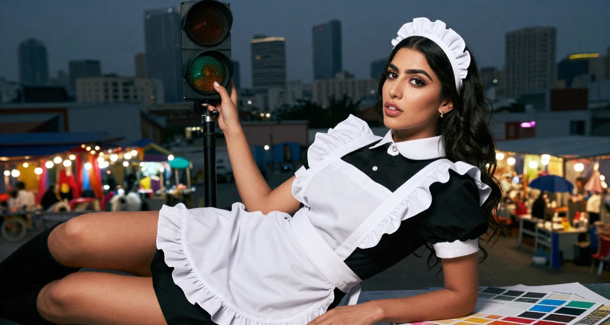 A inspired Female From Arabic-speaking world, studied business law in their 25, experimenting with color palettes that feel sensual, wearing a maid outfit with a white apron and ruffled headband, waiting for a light to change in a artist workshop.