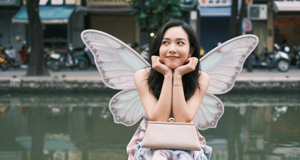 A hopeful Female From Hanoi Vietnam, holds a degree in economics in their 32, sharing easy DIY home improvement projects, wearing a butterfly-themed fairy dress with large wings, clutching a clutch bag in a urban street.