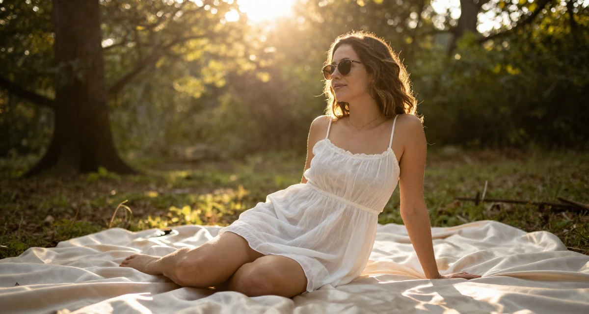 A gentle Female Grew up in Argentina, majored in audiovisual production in their 22, understanding the importance of mental resilience, wearing a semi-sheer white sundress backlit by the sun, lowering sunglasses to look out in a magical forest clearing.