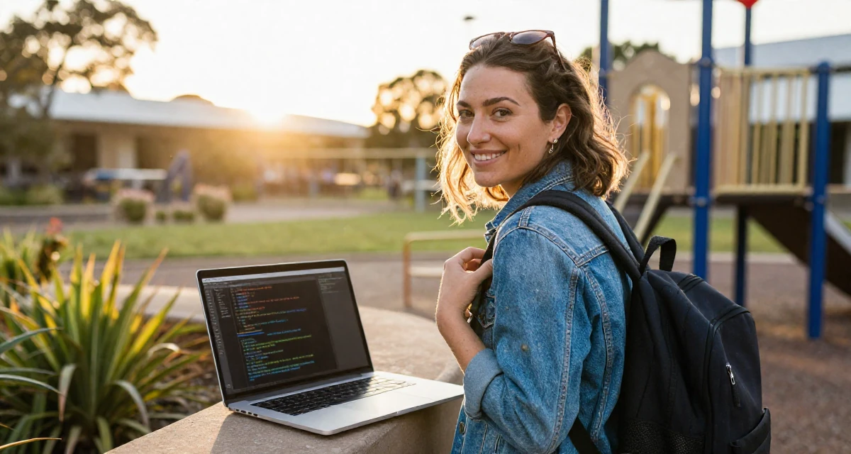 A happy Female From Australia, studied marine biology on the coast in their 33, teaching coding and tech skills online, wearing a fashionable denim on denim, adjusting a backpack strap in a school playground.