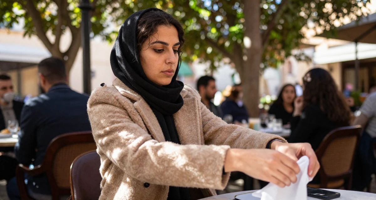 A intense Female From Morocco, based in Casablanca, graduated from a cultural college majoring in expressive movement studies in their 32, managing long-distance relationship, wearing a elegant woolen coat styling, wiping hands in a high-end restaurant.