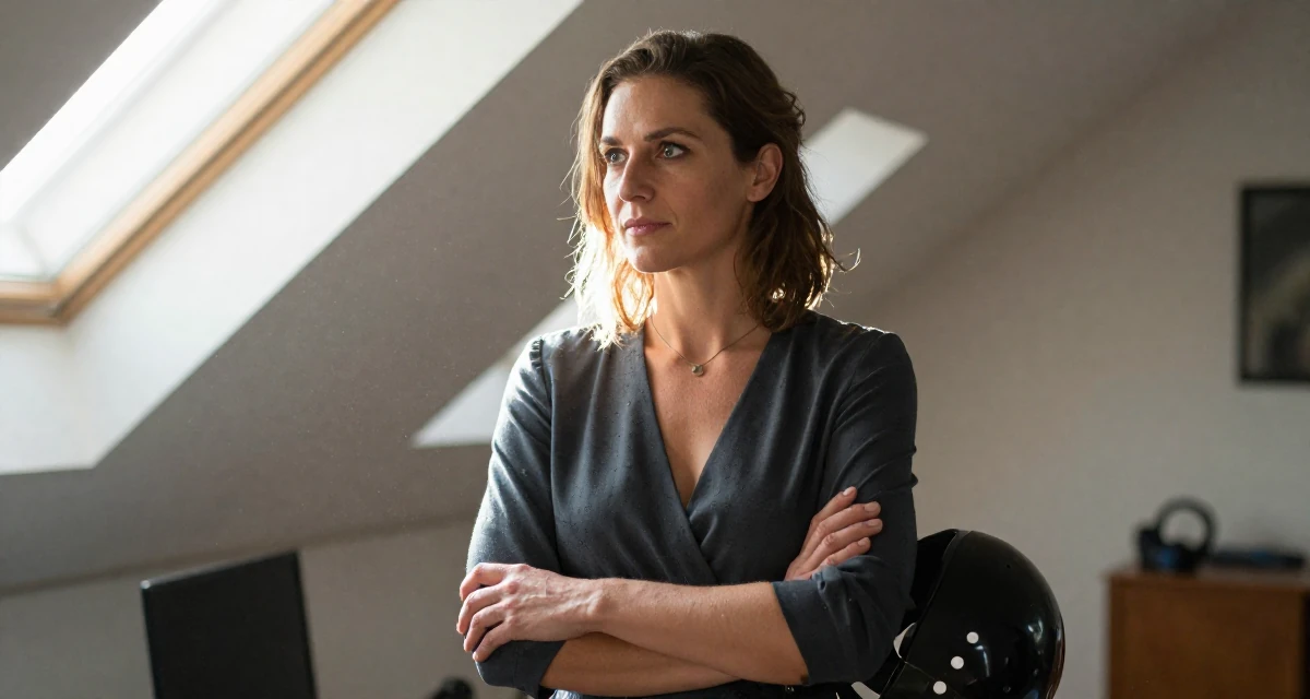 A composed Female Grew up in the Czech Republic, studied digital film production in their 40, starting a business after years of corporate life, wearing a wrap blouse with a deep neckline, holding a helmet in a attic room.