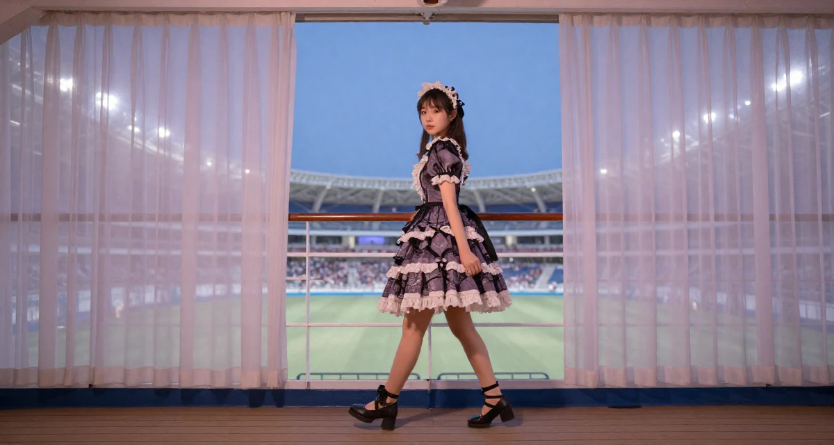 A solemn but kind Female From New York USA, learned editorial posing through fashion internships in their 25, managing tight budgets as a student, wearing a elaborate gothic lolita dress with frills and lace, crossing legs in a cruise ship deck.