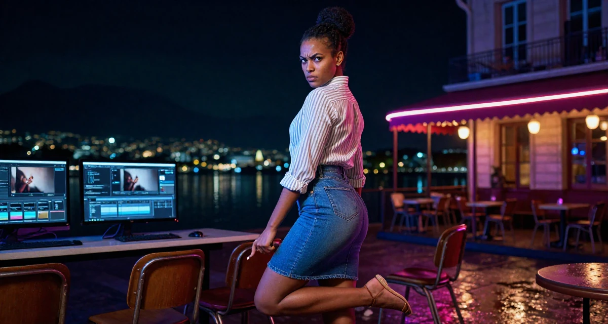 A defiant Female From Cape Town South Africa, studied film editing in their 25, adapting to algorithm changes on promo platforms, wearing a striped button-down shirt tucked into a denim pencil skirt, tapping a foot rhythmically in a lecture hall.