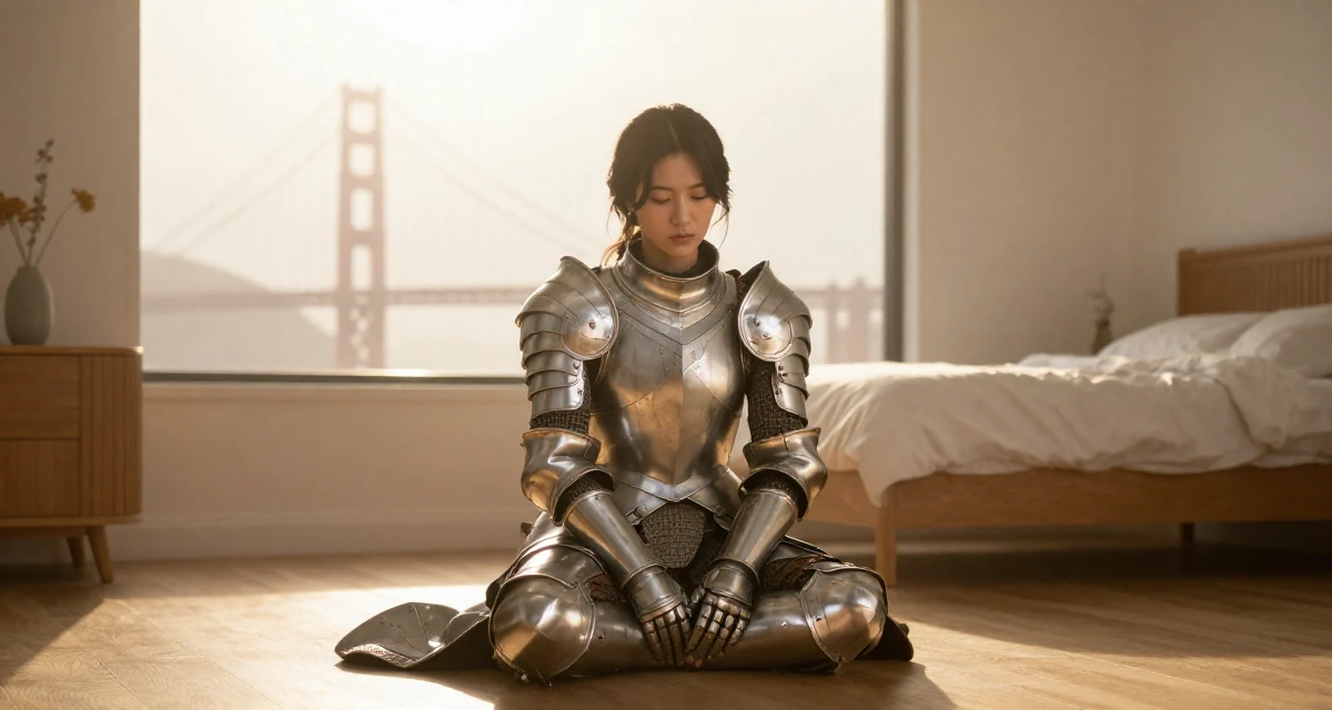 A melancholic Female From Auckland New Zealand, studied animation in their 21, seeking deeper connections beyond small talk, wearing a fantasy warrior princess armor made of silver metal, looking down at the ground shyly in a minimalist bedroom.