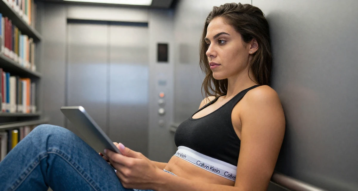 A sophisticated Female Raised in Sweden, studied creative technology in their 28, questioning whether to scale up or scale back, wearing a classic calvin klein style sports bra and jeans, holding a tablet in a corporate elevator.