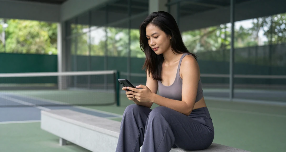 A serene and peaceful Female From Thailand, studied hospitality management in their 36, sharing realistic fitness routines for busy people, wearing a fitted bodysuit and wide-leg dress pants, typing a message in a tennis court.