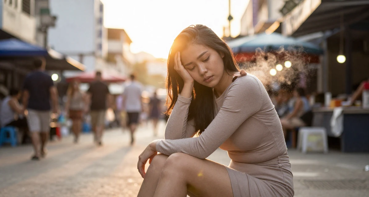 A lazy Female From the Philippines, based in Cebu City, graduated from a local college majoring in public relations in their 20, feeling overwhelmed by academic pressure and expectations, wearing a mini wrap skirt and a fitted long-sleeve top, dusting off the shoulder in a bustling market.