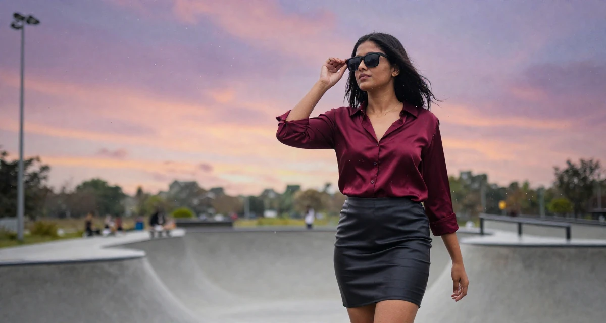 A carefree Female From Sri Lanka, studied digital commerce in their 24, looking for meaning beyond the paycheck, wearing a burgundy silk blouse and black leather skirt, putting on sunglasses in a skate park.