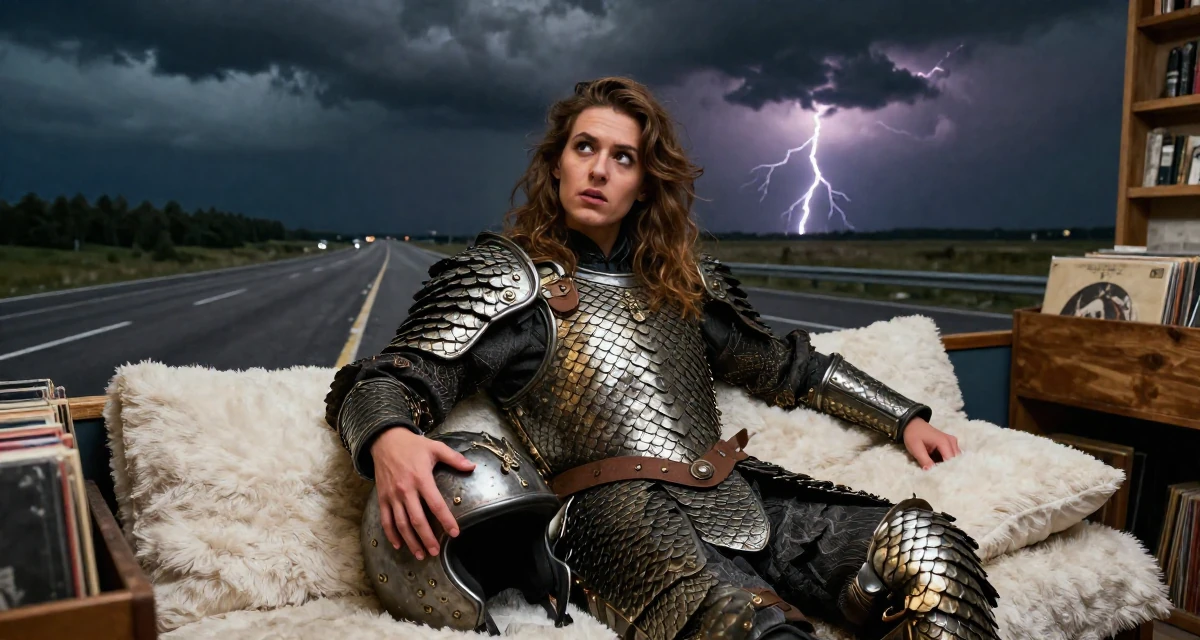 A whimsical Female From Hungary, majored in communication strategy in their 25, questioning long-term direction, wearing a dragon scale armor texture with metallic sheen, holding a helmet in a vintage record store.