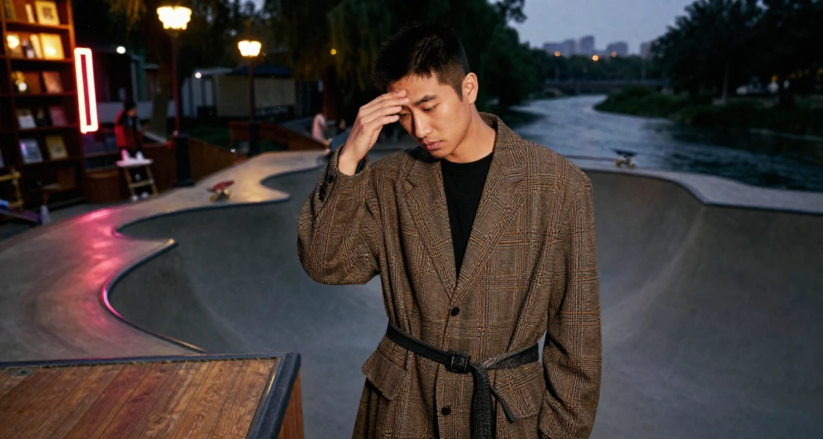 A judgemental male From Mongolia, majored in history and culture in their 24, curating a specific high-end lifestyle, wearing a oversized blazer worn as a dress with a belt, resting a hand on the forehead in a skate park.
