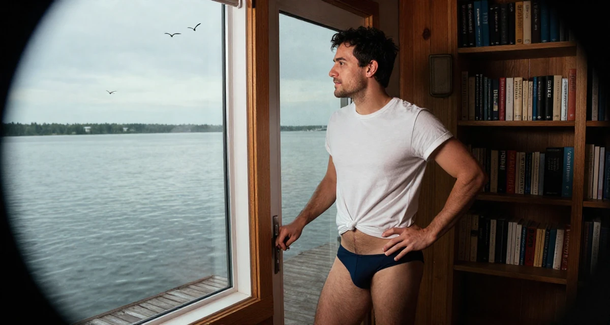 A relaxed male From Canada, holds a degree in accounting in their 24, healing from past emotional wounds, wearing a classic white t-shirt knotted at the front and bikini bottoms, pulling a door open in a cozy reading nook by a window.