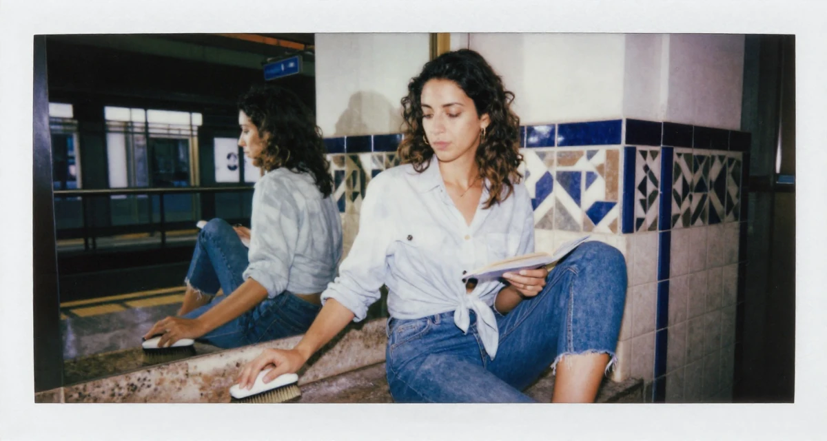 A cold and distant Female From Valencia Spain, holds a degree in tourism management in their 35, teaching financial literacy to other women, wearing a button-down shirt tied at the waist and denim cutoffs, brushing off dust in a vanity mirror.