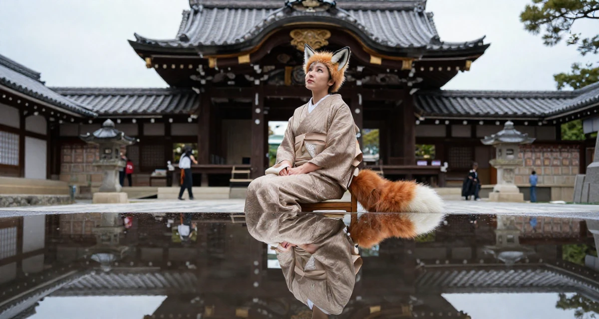 A dignified Female From South Korea, based in Busan, graduated from a design institute majoring in visual communication in their 35, planning for a legacy or long-term impact, wearing a fox spirit (kitsune) outfit with fluffy ears and tails, gazing at the sky in a Japanese Shinto shrine.