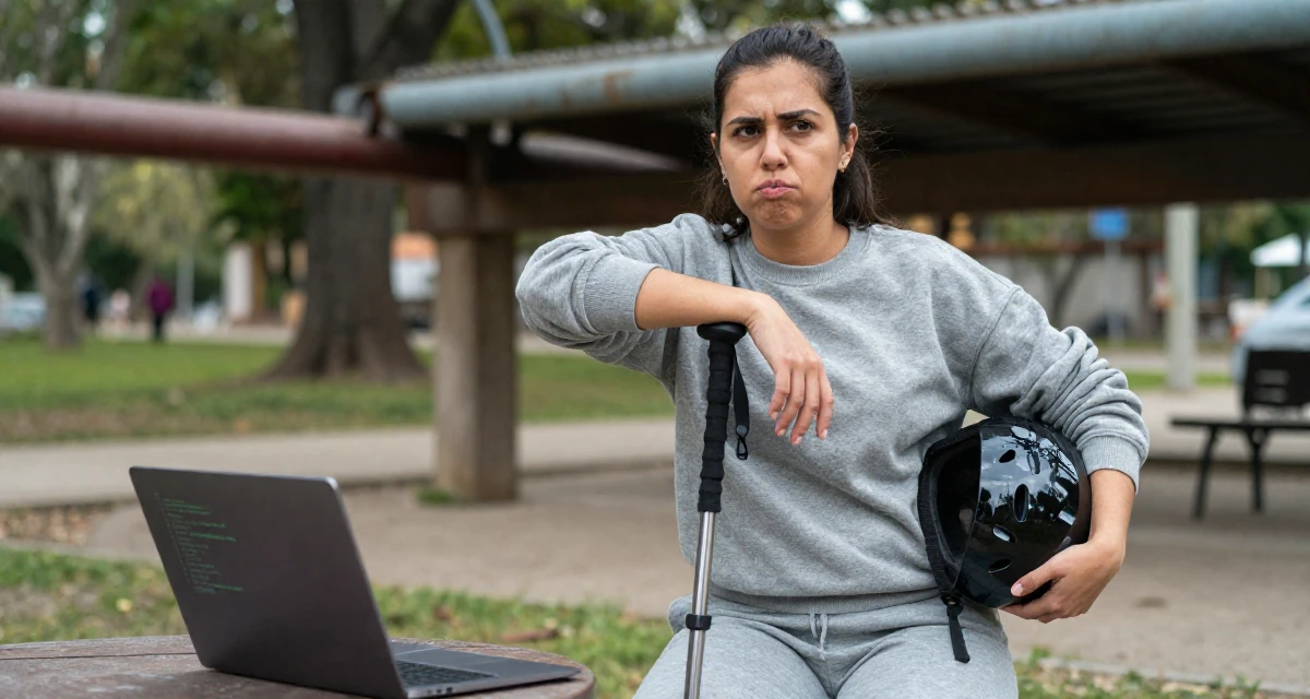 A pouting Female From Venezuela, majored in public administration in their 36, focusing on mental health and mindfulness, wearing a relaxed jogger and sweatshirt combo, holding a helmet in a quiet park.