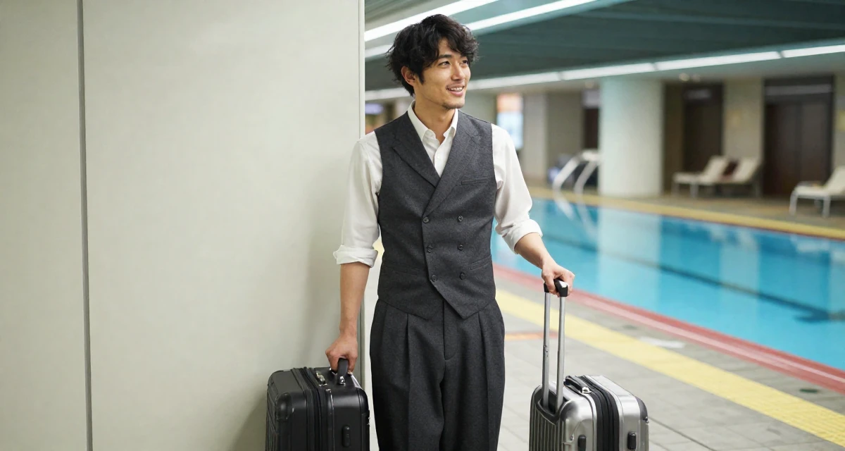 A glowing male From Japan, studied English literature in their 27, focusing on long-term wealth building, wearing a fitted waist coat and wide leg trousers, pulling a suitcase in a subway platform.