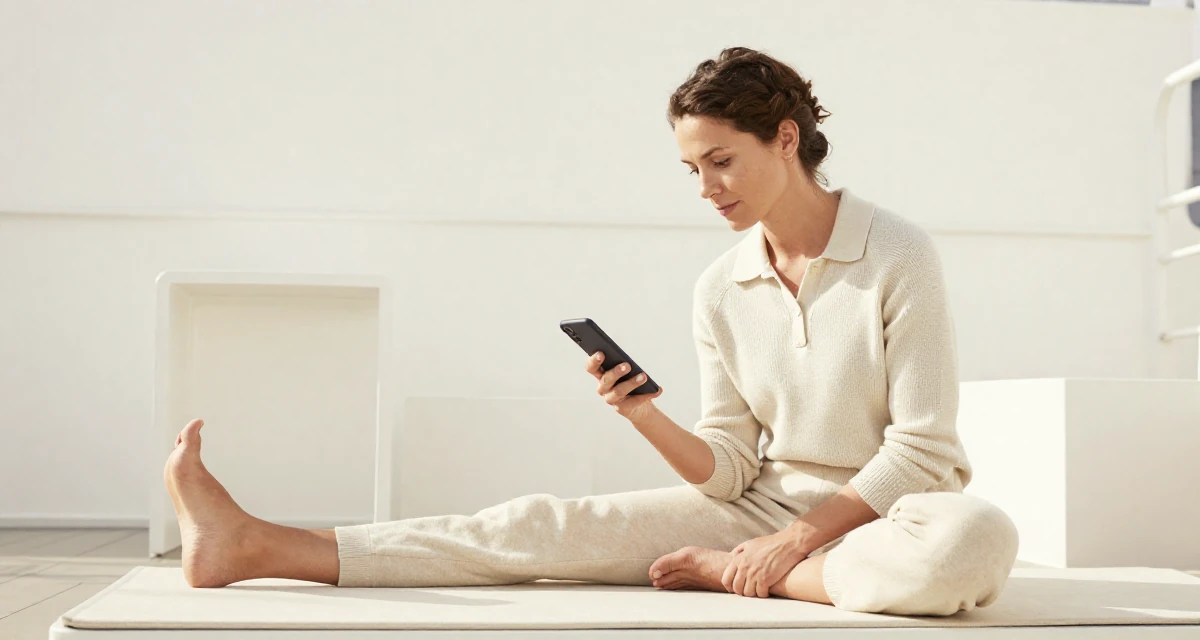 A zen-like Female From Germany, has a background in psychology in their 53, dealing with declining energy levels, wearing a smart knit polo, checking a phone in a ferry deck.