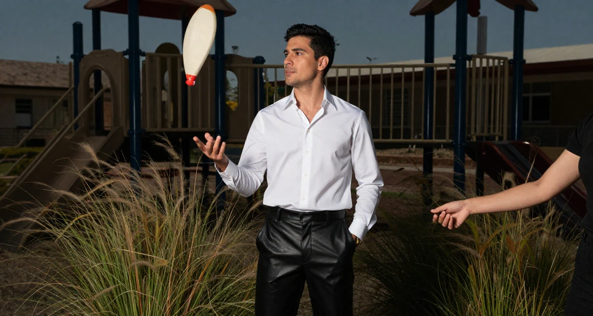 A sophisticated male Raised in Mexico, majored in e-commerce management in their 26, juggling real-life chaos with online expectations, wearing a black leather trousers and a crisp white blouse, holding hands with someone unseen in a school playground.